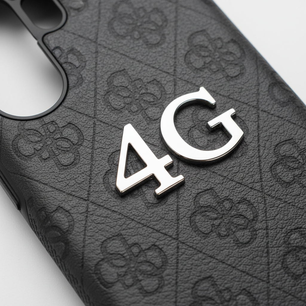 Guess 4G Logo Classic Case S26 Ultra – Detailansicht Silber-Metalllogo 4G-Textur Öko-Leder