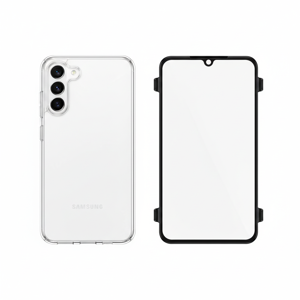 DISPLEX Real Glass + Case Samsung Galaxy S25 FE – Hauptbild Hülle und Panzerglas weißer Hintergrund
