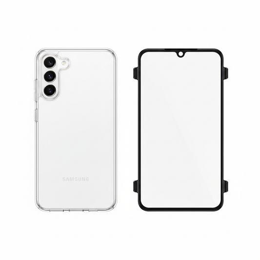 DISPLEX Real Glass + Case Samsung Galaxy S25 FE – Hauptbild Hülle und Panzerglas weißer Hintergrund