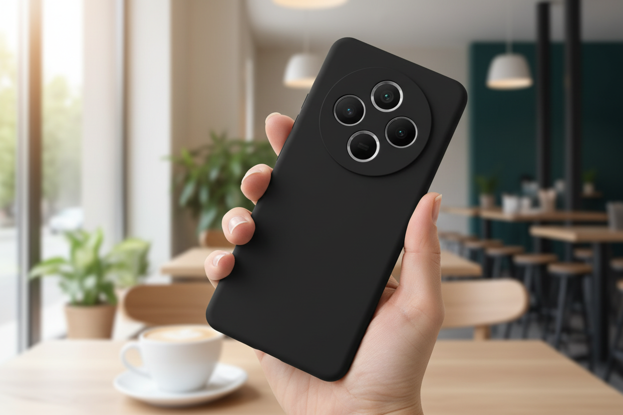 Xiaomi Redmi 14C mit schwarzer anco Dark Case Hülle in der Hand
