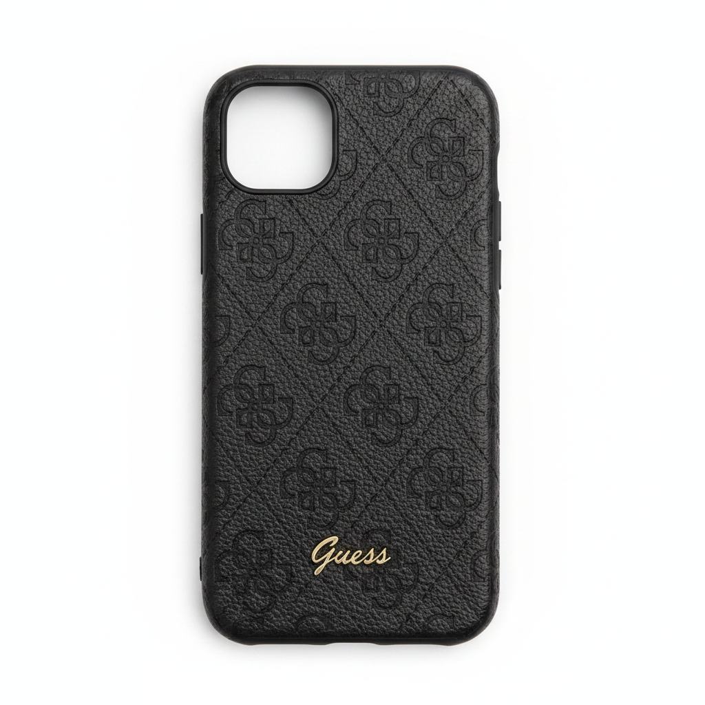 Guess 4G Classic Case iPhone 16e / 17e Schwarz – Detail PU-Leder & 4G-Muster