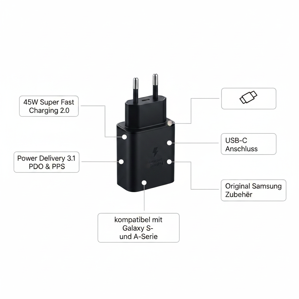 Samsung 45W USB-C Schnellladegerät EP-45W – Infografik