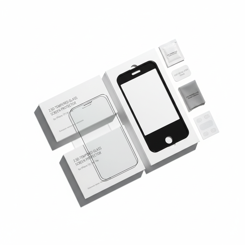 4smarts Second Glass 2.5D iPhone 13 14 16e – Lieferumfang Flat Lay