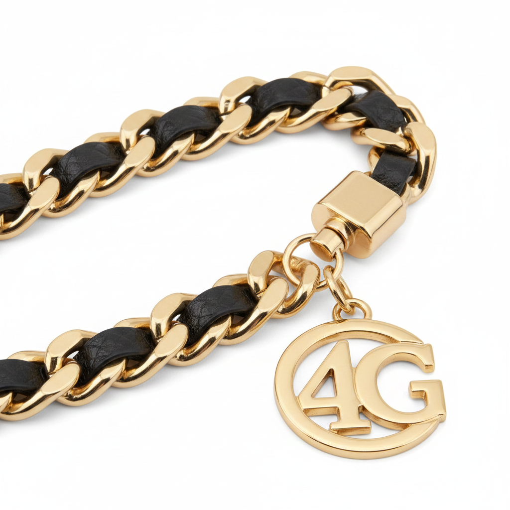 Nahaufnahme des Gold 4G Charms und der Kettenstruktur des Guess Saffiano Hand Straps