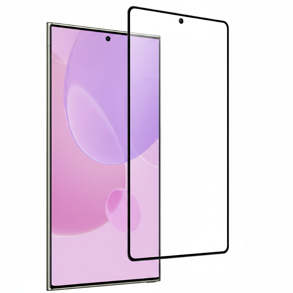 OKKES Magic 3D Panzerglas S25 Ultra – Schrägansicht Glasstärke und schwarzer Rahmen