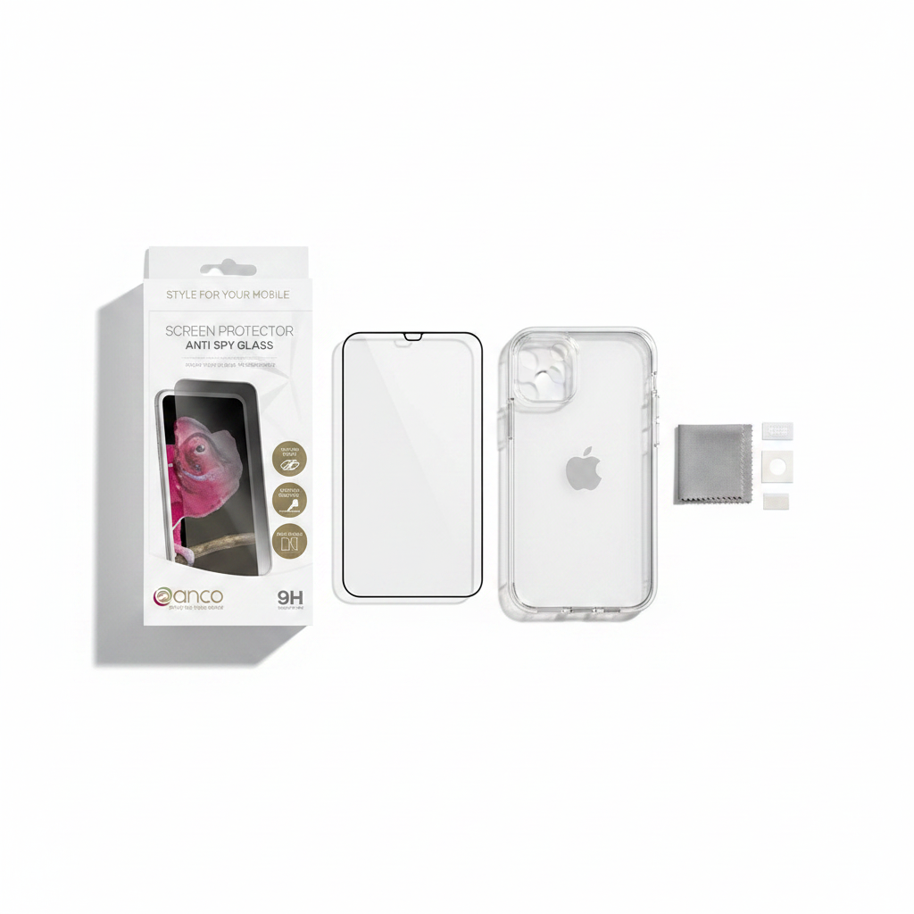 Bundle: anco Privacy Anti-Spy Panzerglas, transparente Hülle und Montageset für iPhone 14 Pro Max