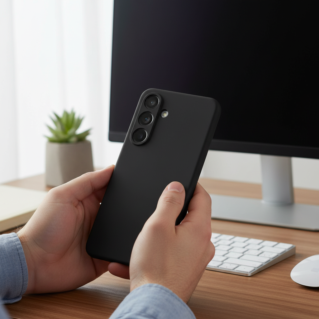 anco Dark Case Galaxy S25 – Lifestyle Rückansicht Hand hält Smartphone