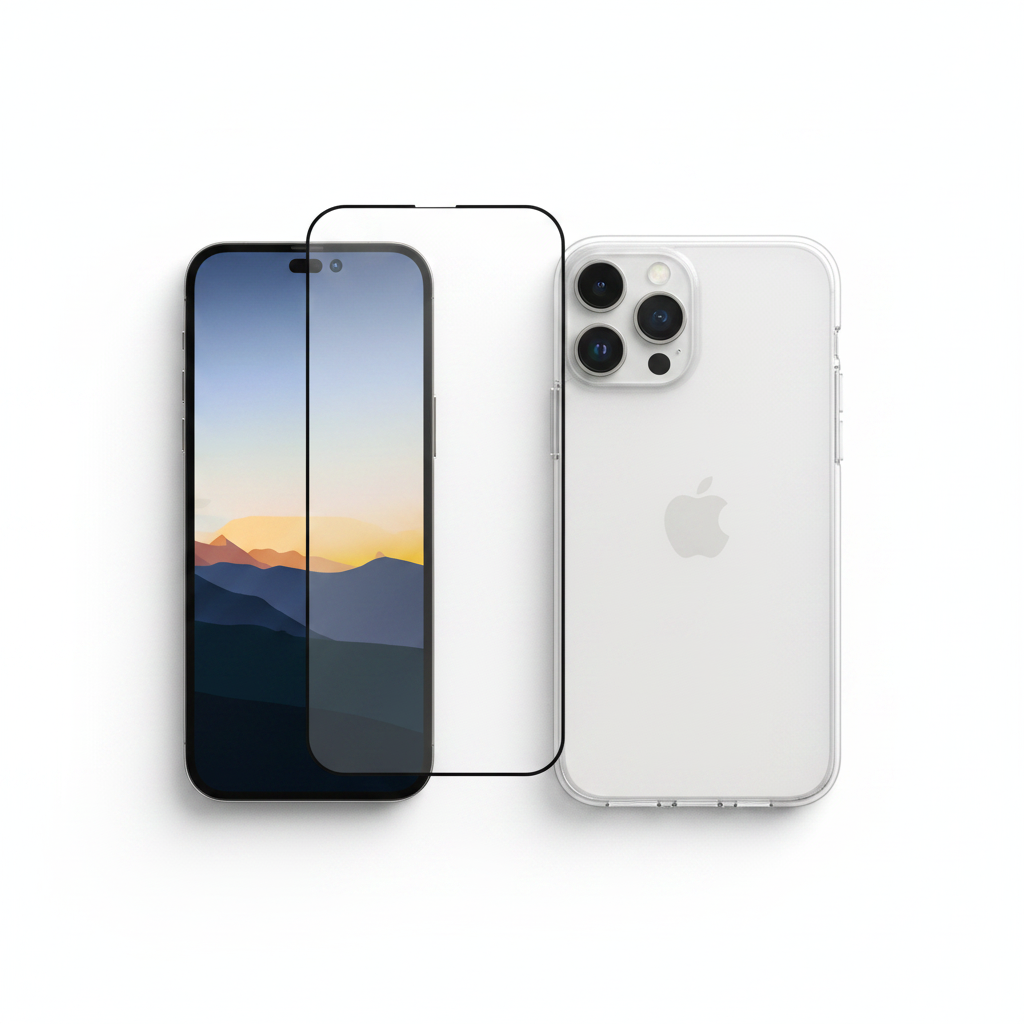 Bundle: OKKES 3D Panzerglas und transparente Hülle für iPhone 15 Pro Max als Flat Lay