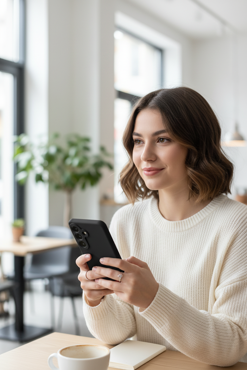 anco Dark Case S26+ – Lifestyle Foto im modernen Café