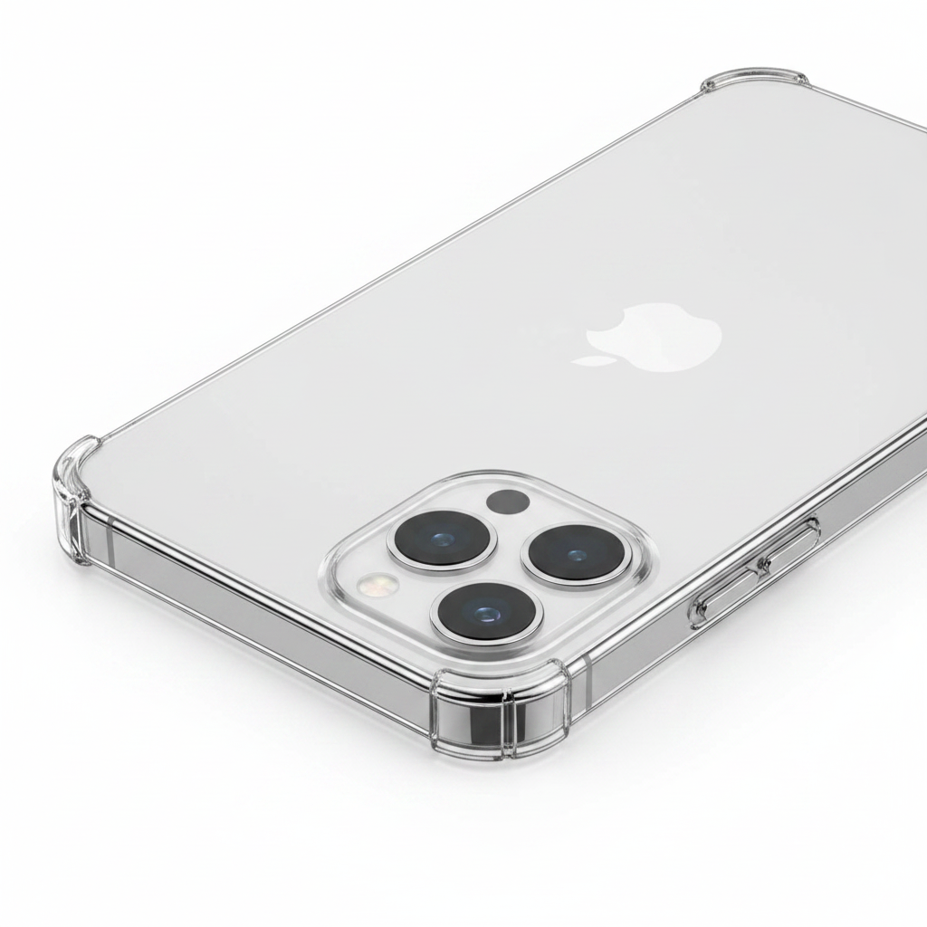 Nahaufnahme der verstärkten Ecke und des Kameraausschnitts der okkes JUMP PLUS Hülle für iPhone 16 Pro Max
