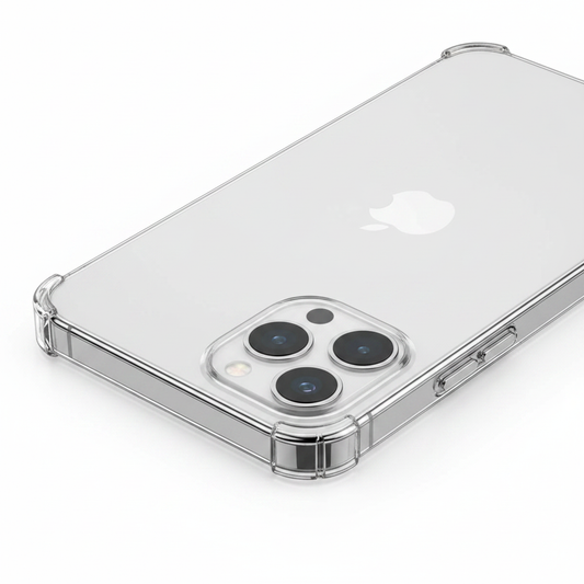 Nahaufnahme der verstärkten Ecke und des Kameraausschnitts der okkes JUMP PLUS Hülle für iPhone 16 Pro Max