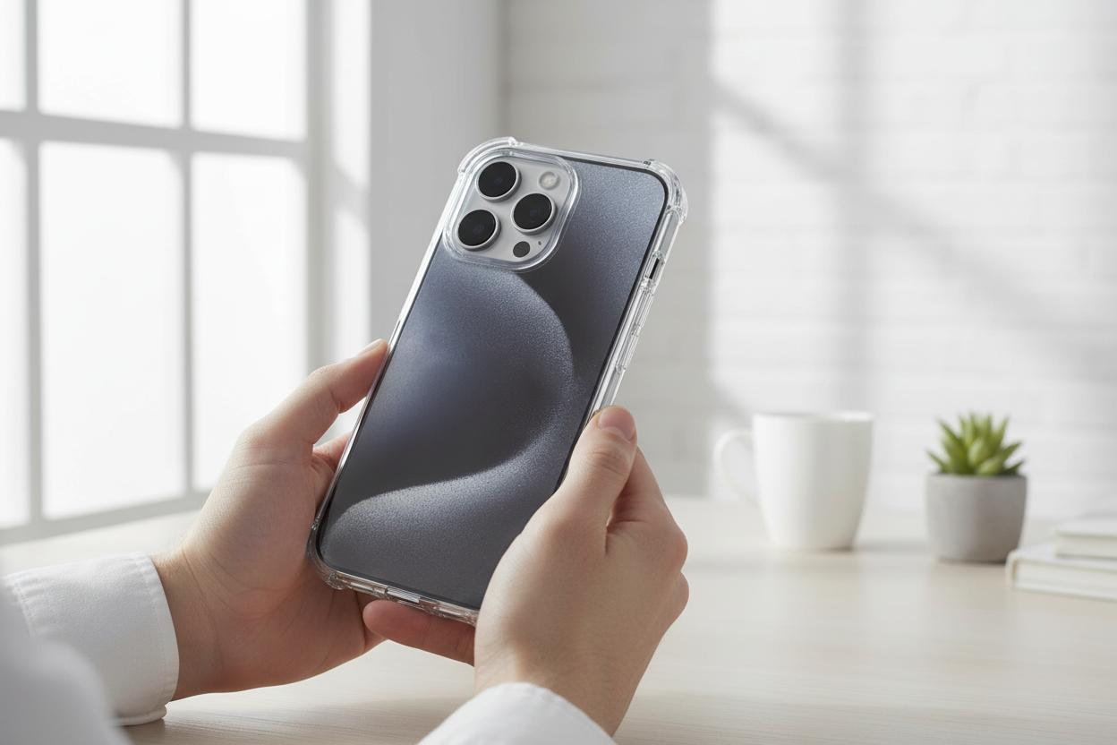 Person hält iPhone 16 Pro mit transparenter okkes JUMP PLUS Hülle am modernen Arbeitsplatz