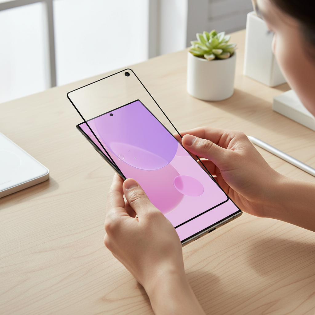 OKKES Magic 3D Panzerglas S25 Ultra – Lifestyle Montage auf Display