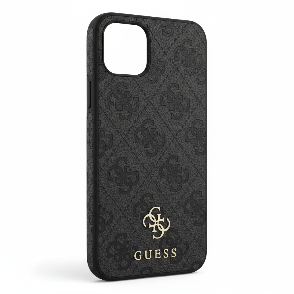Guess 4G Classic Case iPhone 16e / 17e Schwarz – Schrägansicht