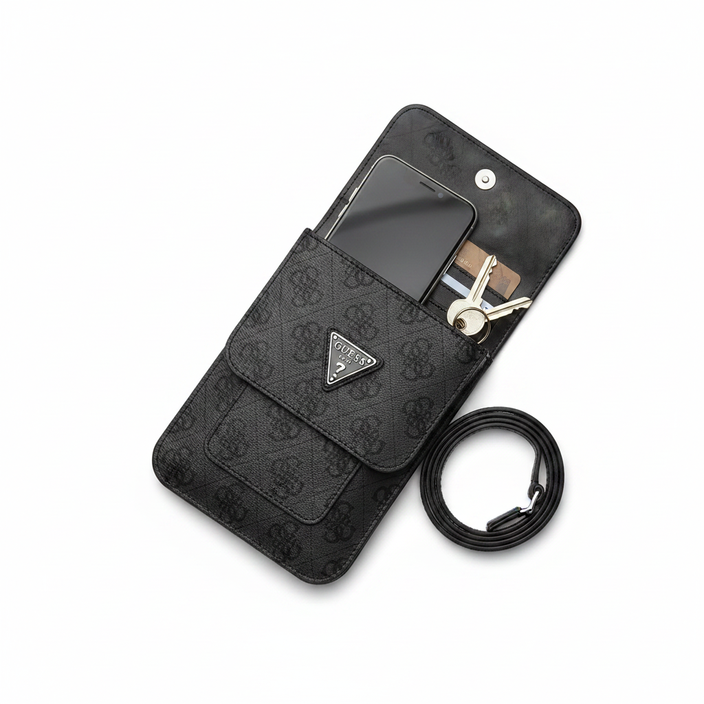 Guess Phone Bag – Innenansicht mit Smartphone und Karten