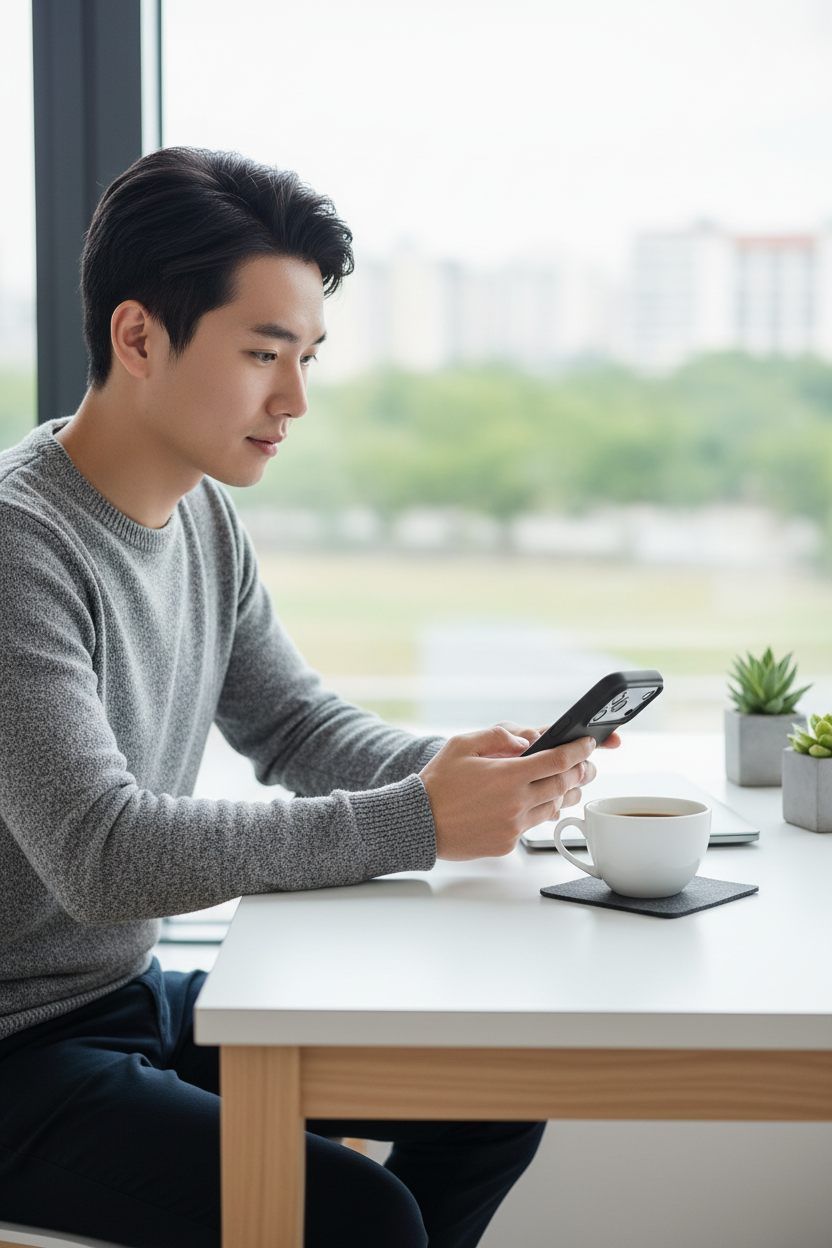 OKKES TPU Case iPhone 17 Pro Max – Lifestyle Mann am Schreibtisch