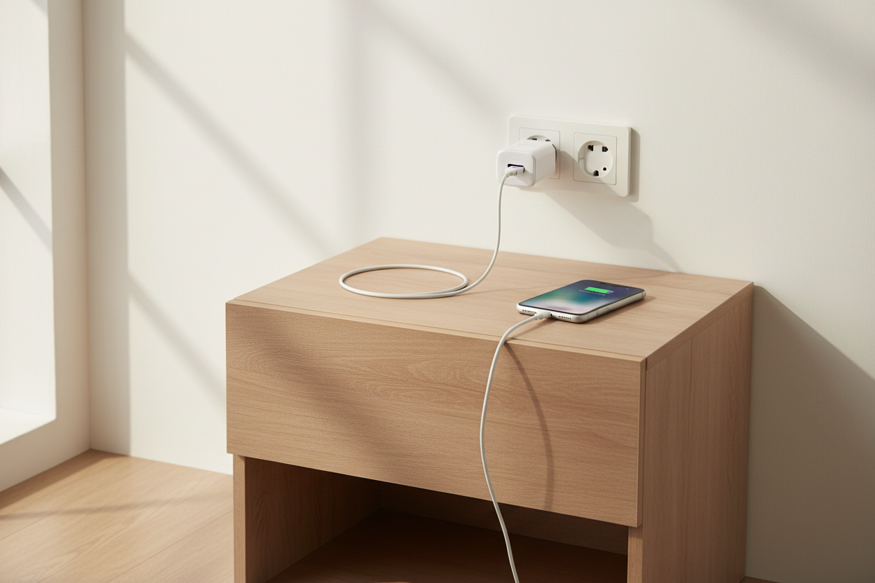 iPhone lädt via Lightning Kabel am Powerstar Herkules 18W Ladegerät an der Steckdose