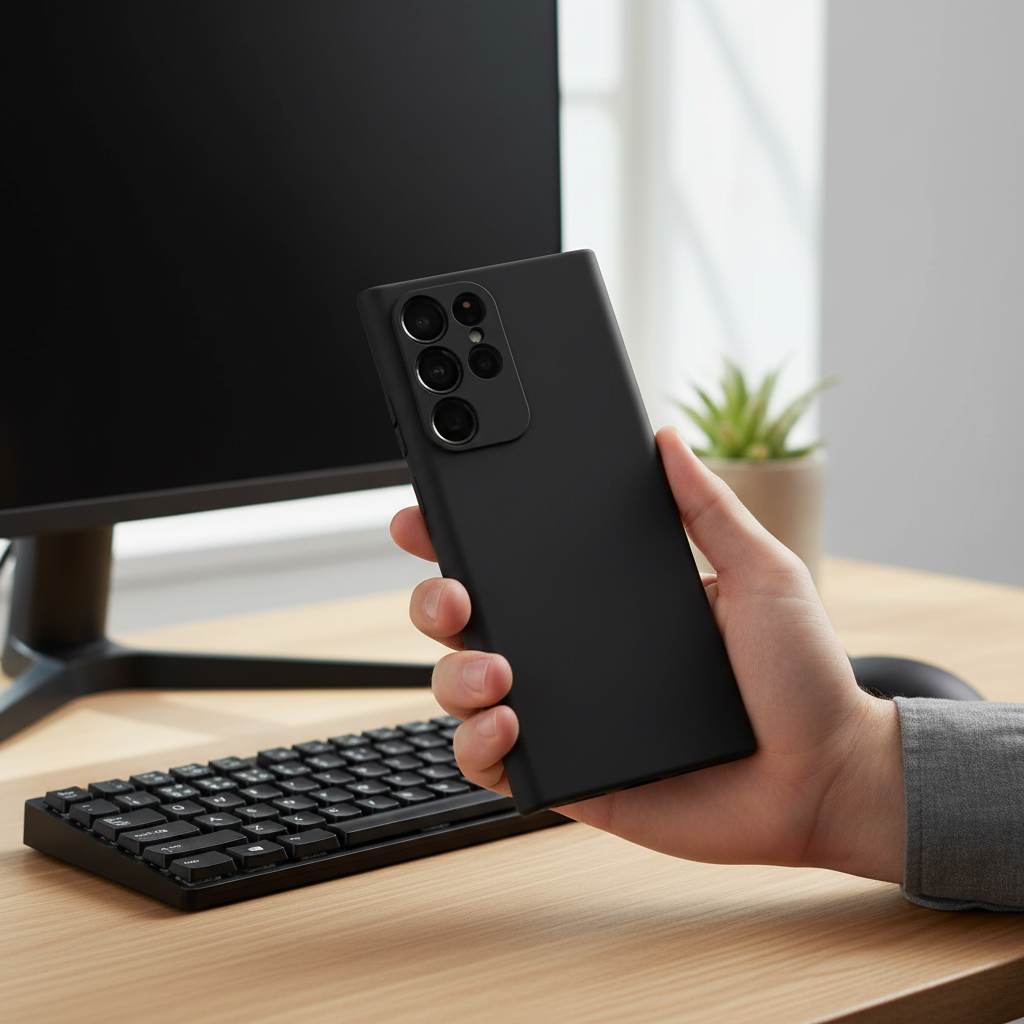 okkes Basic TPU Case S25 Ultra – Lifestyle Rückansicht Hand hält Smartphone