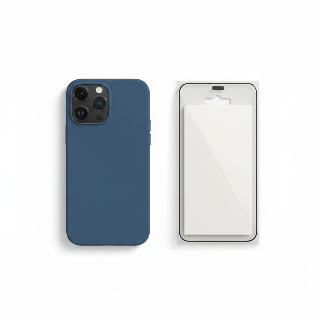 Bundle: anco Liquid Silicone Case Blau und Panzerglas für iPhone 14 Pro Max als Flat Lay