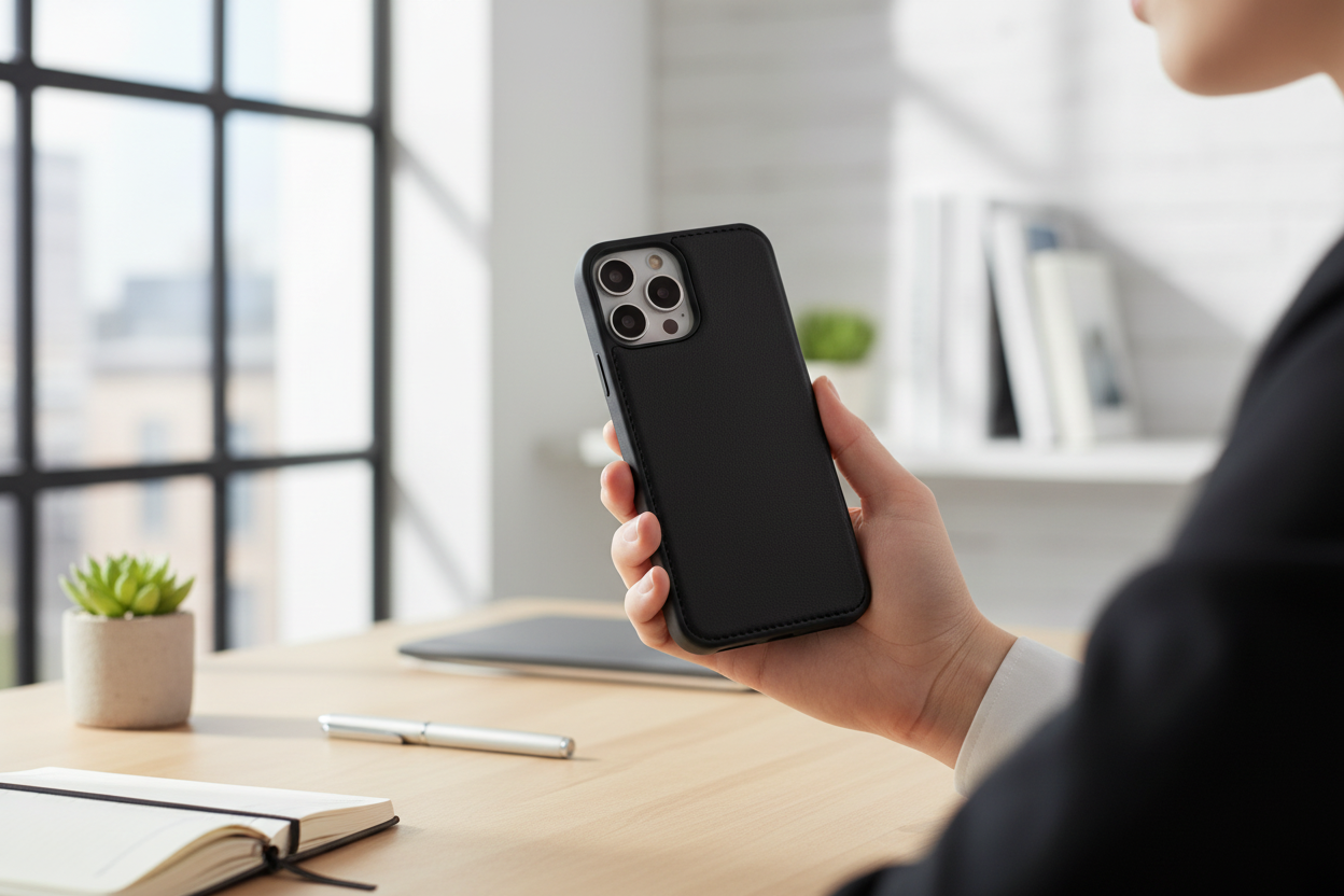 Person hält iPhone 15 mit schwarzem anco Bookcase Smart Mag am modernen Arbeitsplatz
