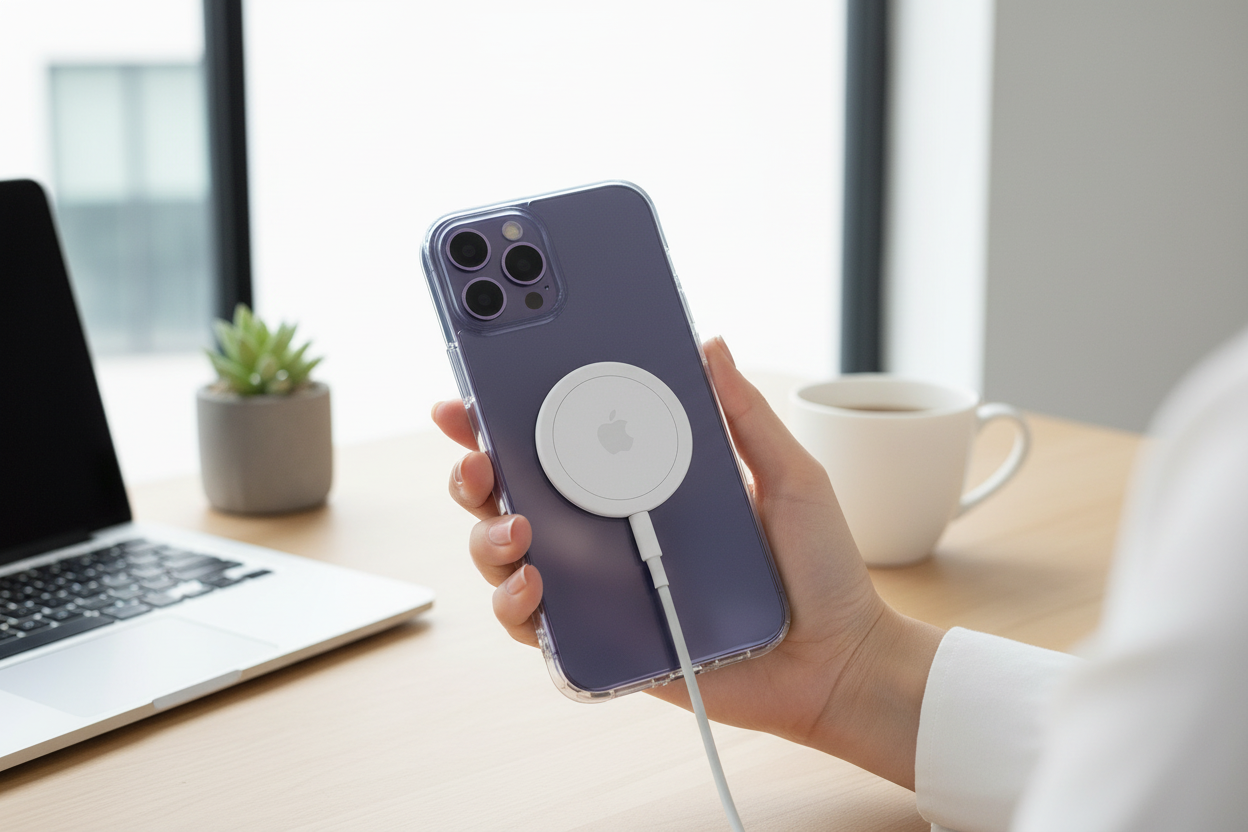 MagSafe Charger snappt auf OKKES MagSafe Hülle am iPhone 14 Pro Max