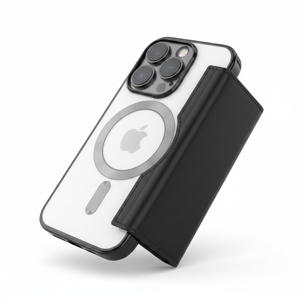 Schrägansicht des anco Bookcase Smart Mag für iPhone 15 – schlankes schwarzes PU-Leder Design