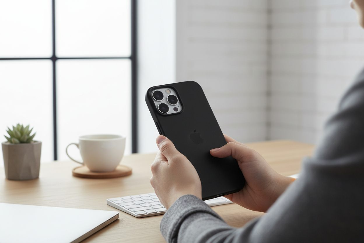 Person hält iPhone 16 mit schwarzer okkes Basic TPU Hülle am modernen Arbeitsplatz