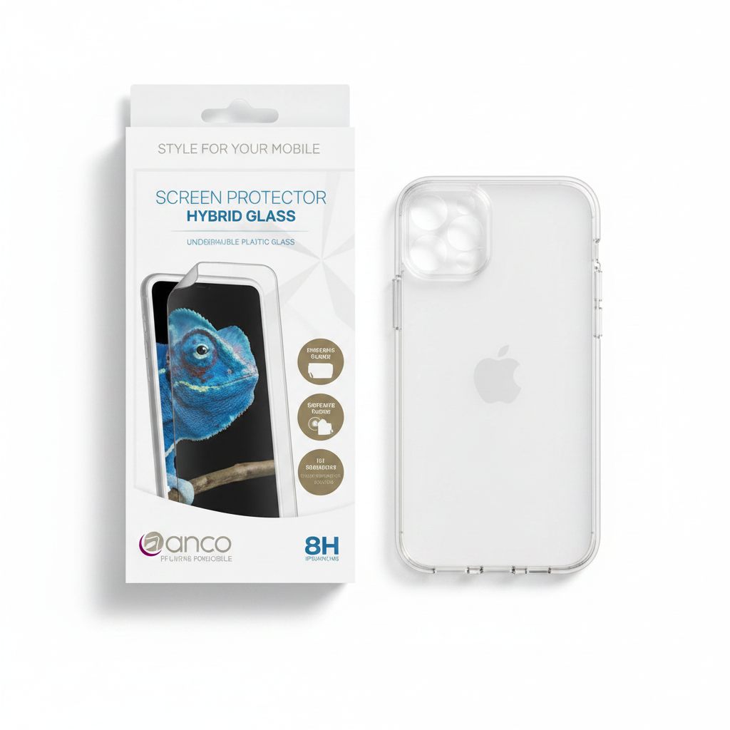 Bundle: anco Hybrid Glass Schutzglas und transparente Hülle für iPhone 15 Plus als Flat Lay