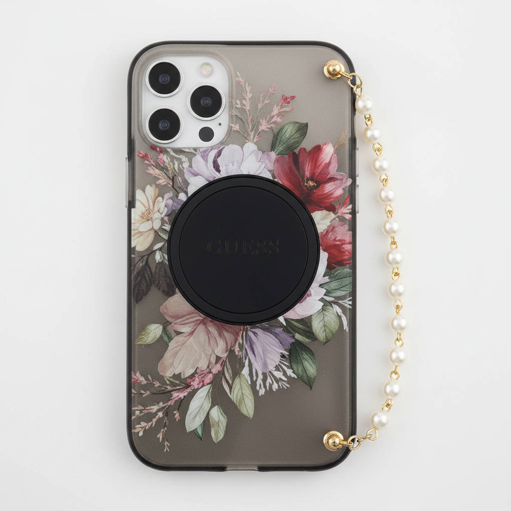 Guess IML Flowers Strap MagSafe Case iPhone 17 – Detail Blumendruck & Pearl Strap