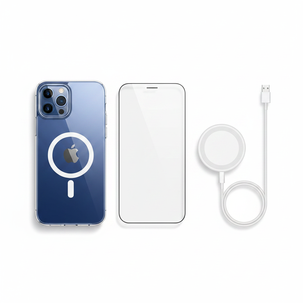 Bundle: OKKES MagSafe Hülle, Panzerglas und MagSafe Charger für iPhone 14 Pro Max als Flat Lay