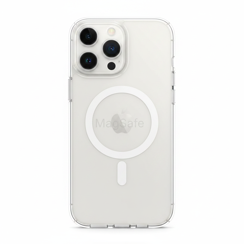 Transparente iPhone 15 Pro Max MagSafe Hülle – Rückansicht mit MagSafe-Ring