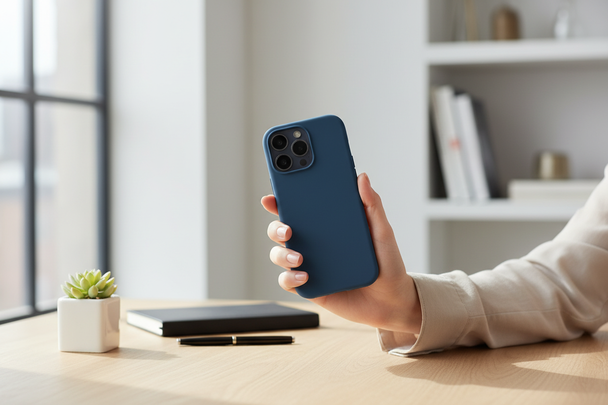 Person hält iPhone 14 Pro mit blauem anco Liquid Silicone Case – angenehmer Grip