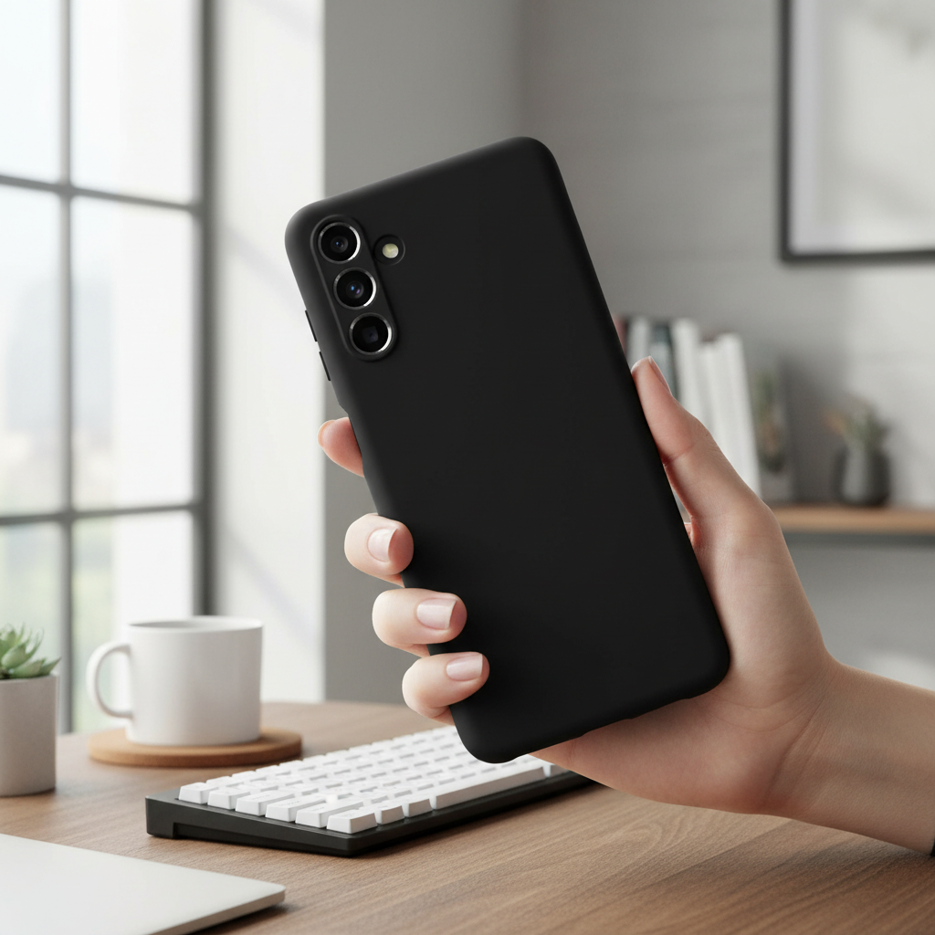 okkes Basic TPU Case Galaxy S25 – Lifestyle Rückansicht Hand hält Smartphone