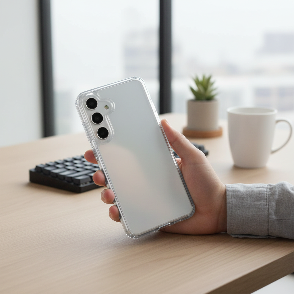 okkes Jump Plus Case S25+ – Lifestyle Rückansicht Originaldesign sichtbar durch Case