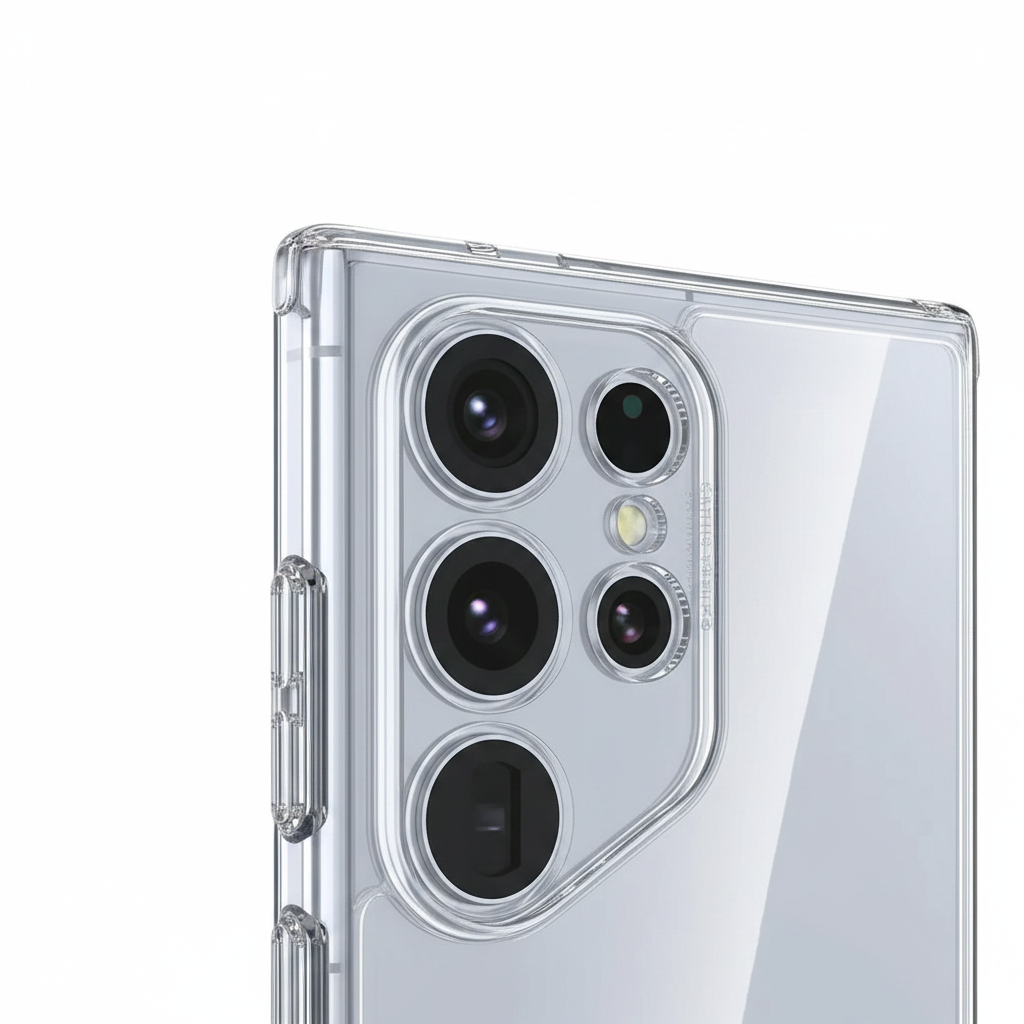 okkes Jump Plus Case S25 Ultra – Detailansicht verstärkte Ecke Plexiglas-Textur Kameraausschnitt