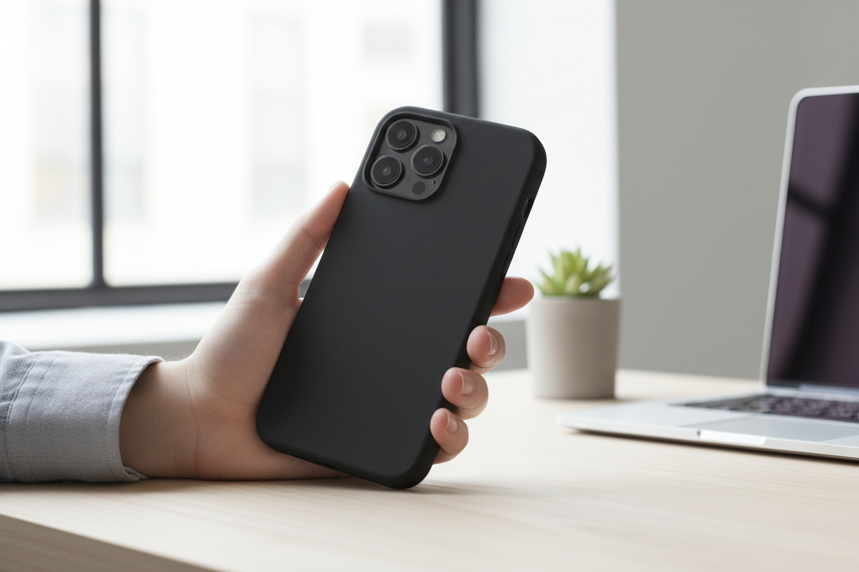 Person hält iPhone 14 Pro Max mit schwarzem anco Liquid Silicone Case – angenehmer Grip