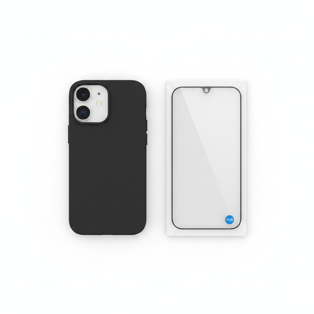 Bundle: okkes Basic TPU Hülle und Panzerglas für iPhone 16 als Flat Lay