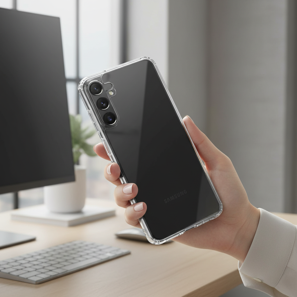 okkes AIR TPU Case S25+ – Lifestyle Rückansicht Originaldesign durchschimmernd
