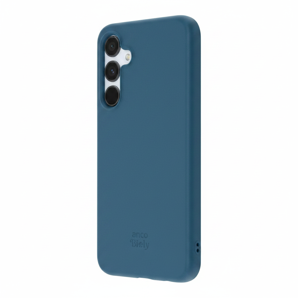 anco Bioly Case Galaxy A55 5G Blau – Schrägansicht natürliche Eco-Textur Seitenprofil