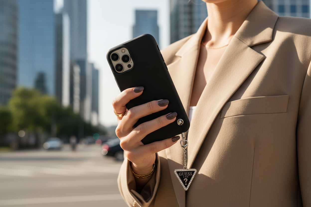 Guess Triangle Strass Charm an schwarzer iPhone Hülle einer stilvollen Frau