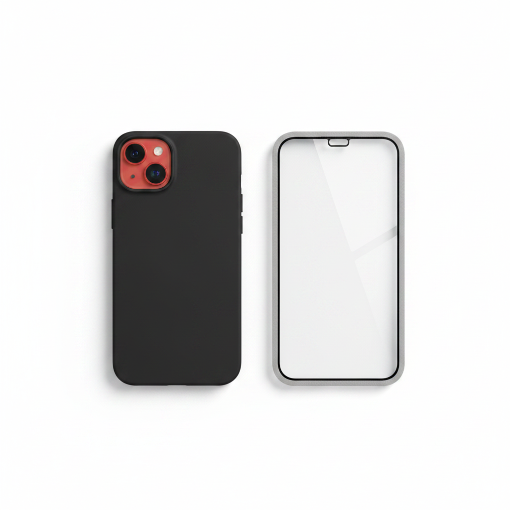 Bundle: anco Dark Case Schwarz und Panzerglas für iPhone 14 Plus als Flat Lay
