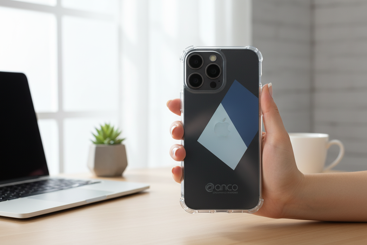 Person hält iPhone 14 Pro mit transparentem anco Protect Case am modernen Arbeitsplatz