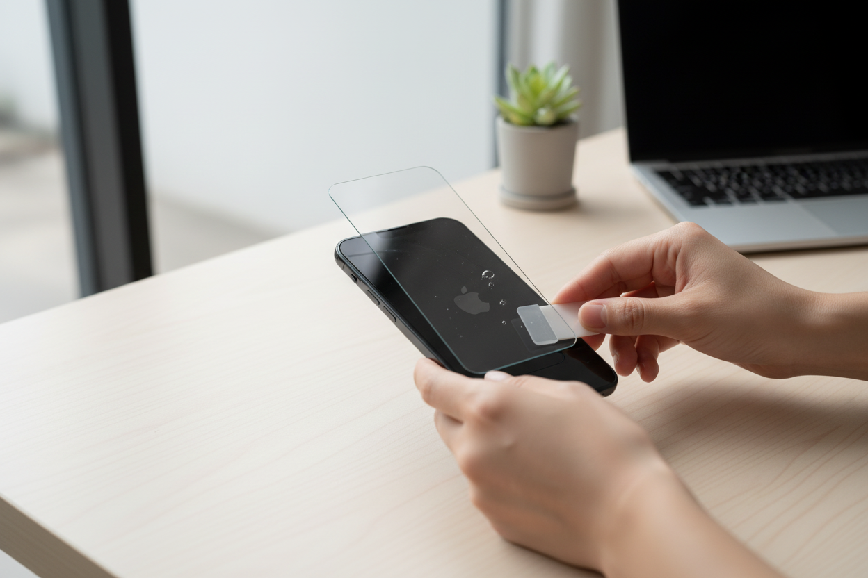 Person bringt Star Case Titan Plus Panzerglas auf Apple iPhone 15 auf