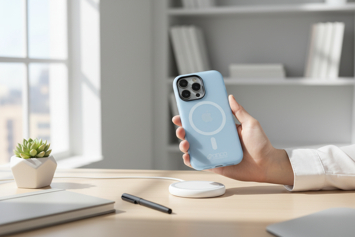 iPhone 14 Pro mit anco Magnetic Protect Case Frost wird an MagSafe Ladegerät befestigt