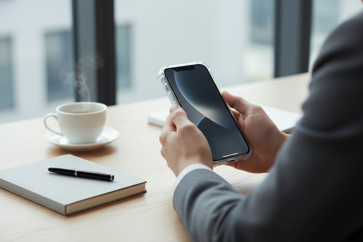 Person hält iPhone 14 mit transparenter anco Schutzhülle am modernen Arbeitsplatz