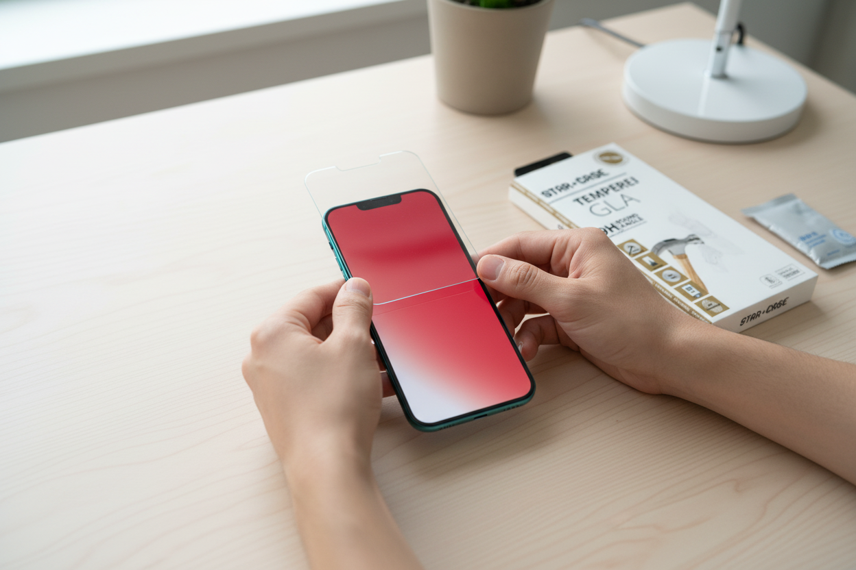 Person bringt Star Case 9H Panzerglas auf Apple iPhone 15 Pro auf