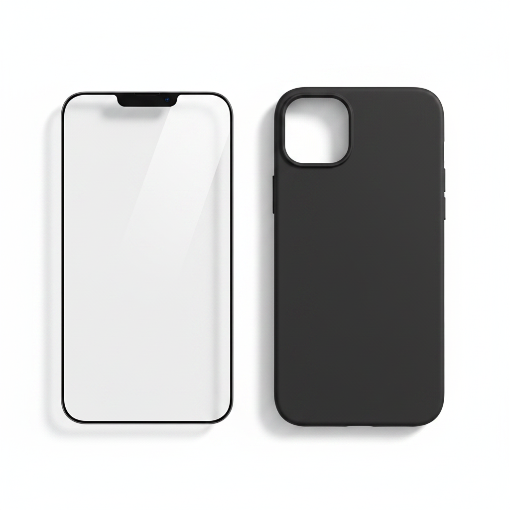 Bundle: Spigen Thin Fit Case Schwarz und Panzerglas für iPhone 14 Plus als Flat Lay