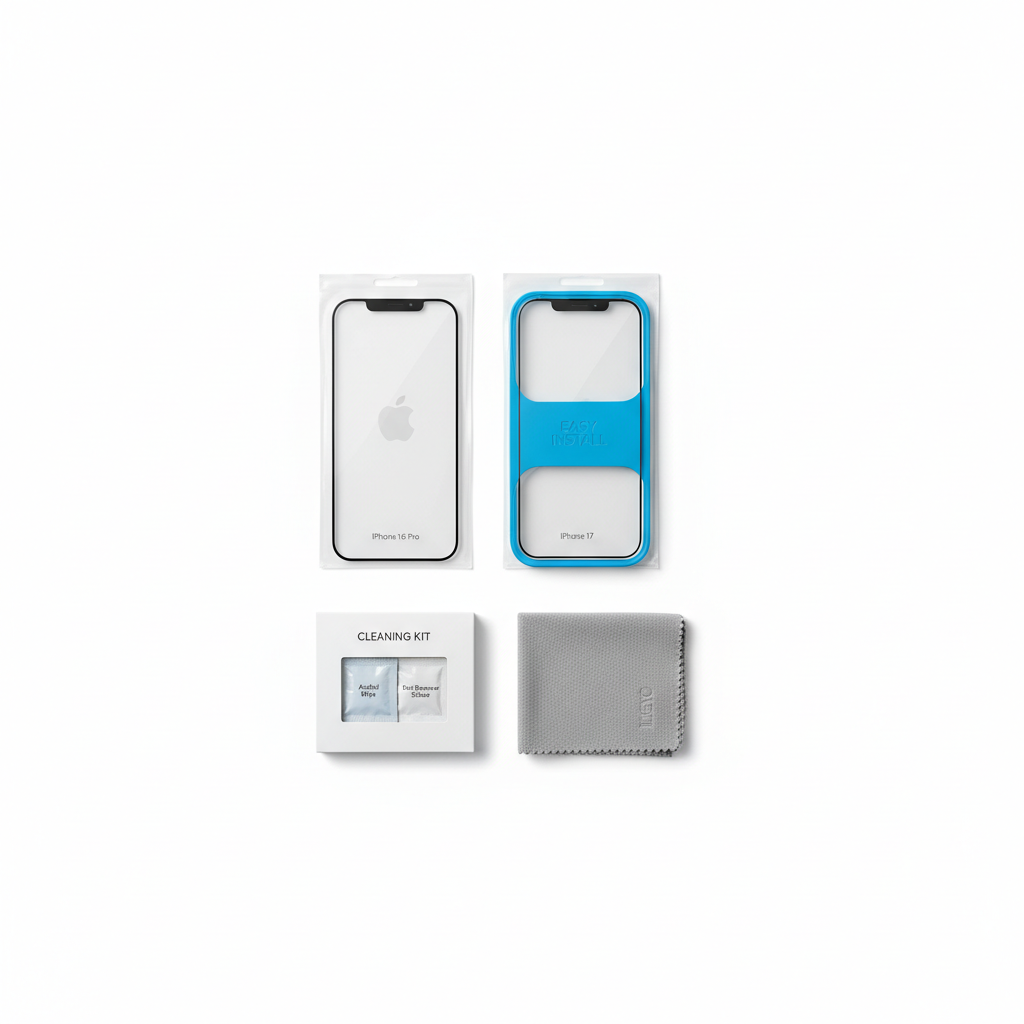4smarts Second Glass iPhone 17 / 16 Pro – Lieferumfang Flat Lay